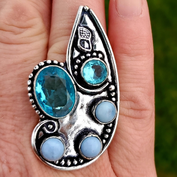 New Blue Topaz & Owyhee Opal Silver Statement Ring. - Picture 1 of 7